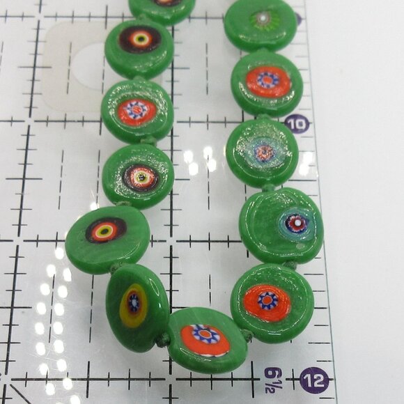 Vintage Green Millefiori Glass Necklace Floral Disc Beads Art Glass 23” Retro - Picture 8 of 8